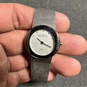 Skagen Denmark Steel Ladies Quartz Watch Silvertone White Diamond Dial  Working